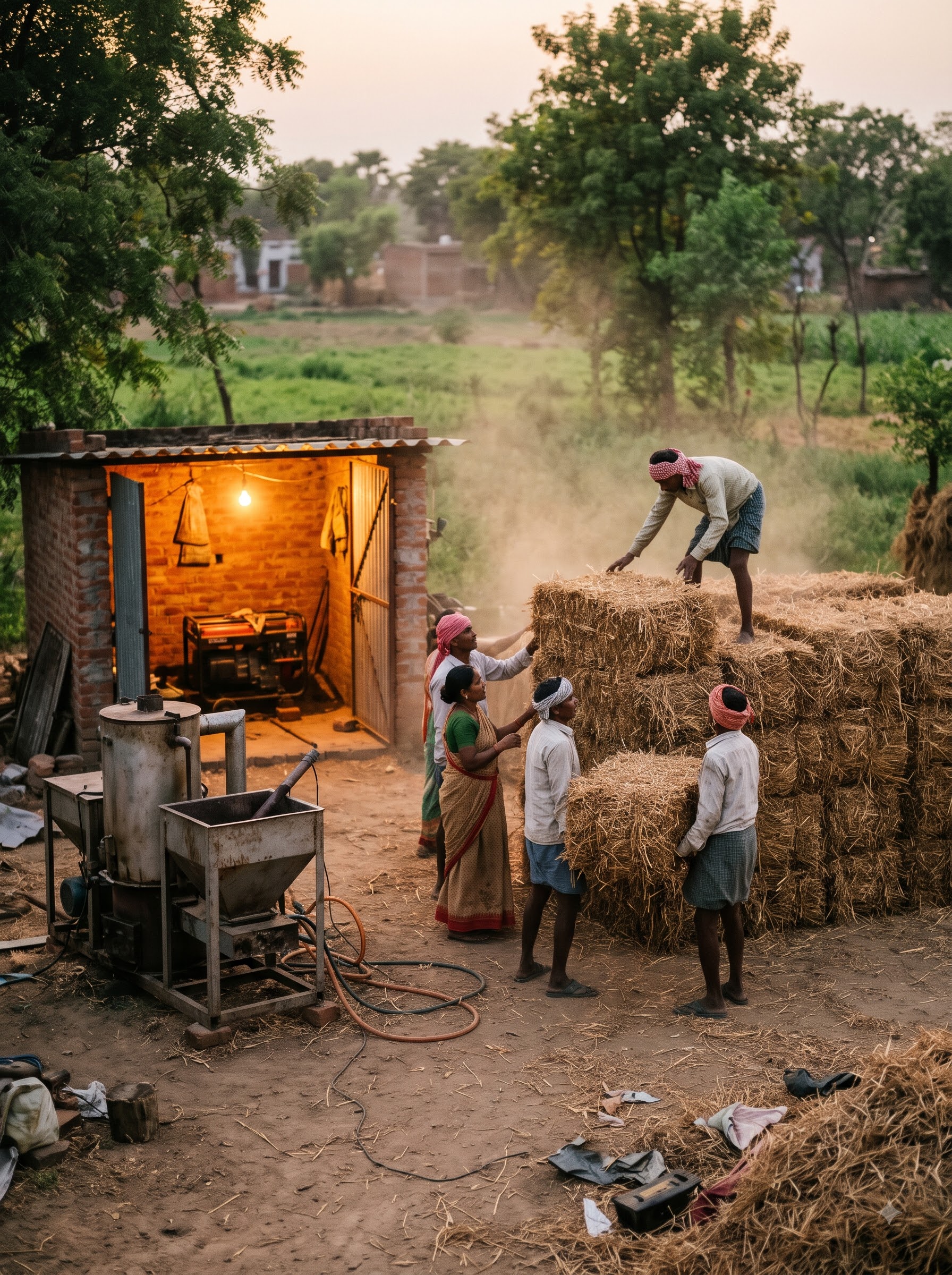 Workers stacking crop residue for gasification