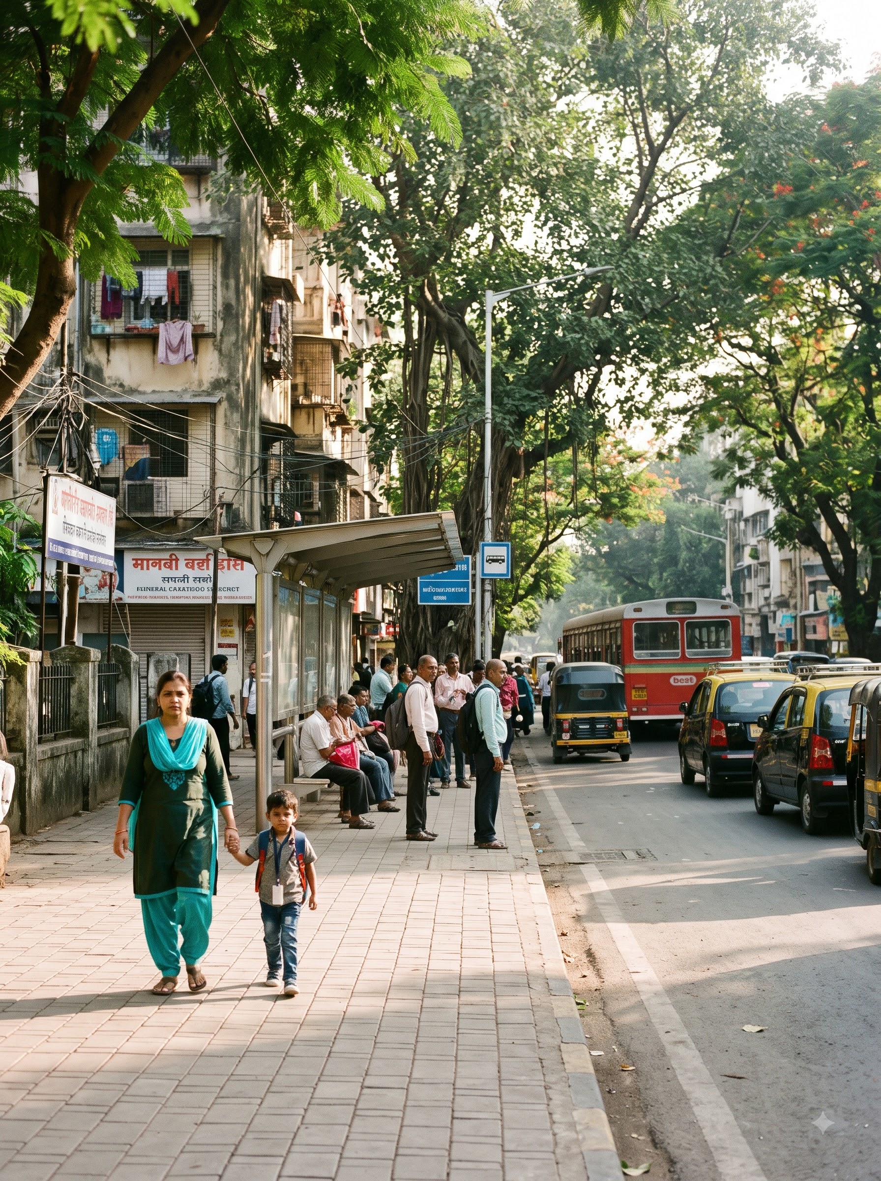Commuters waiting at a city bus stop