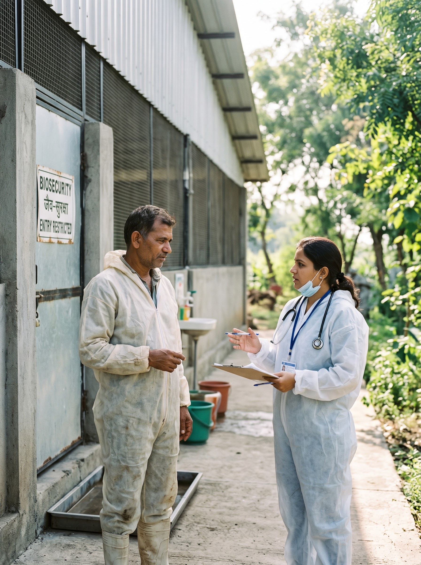 Poultry farmer and veterinarian discussing biosecurity