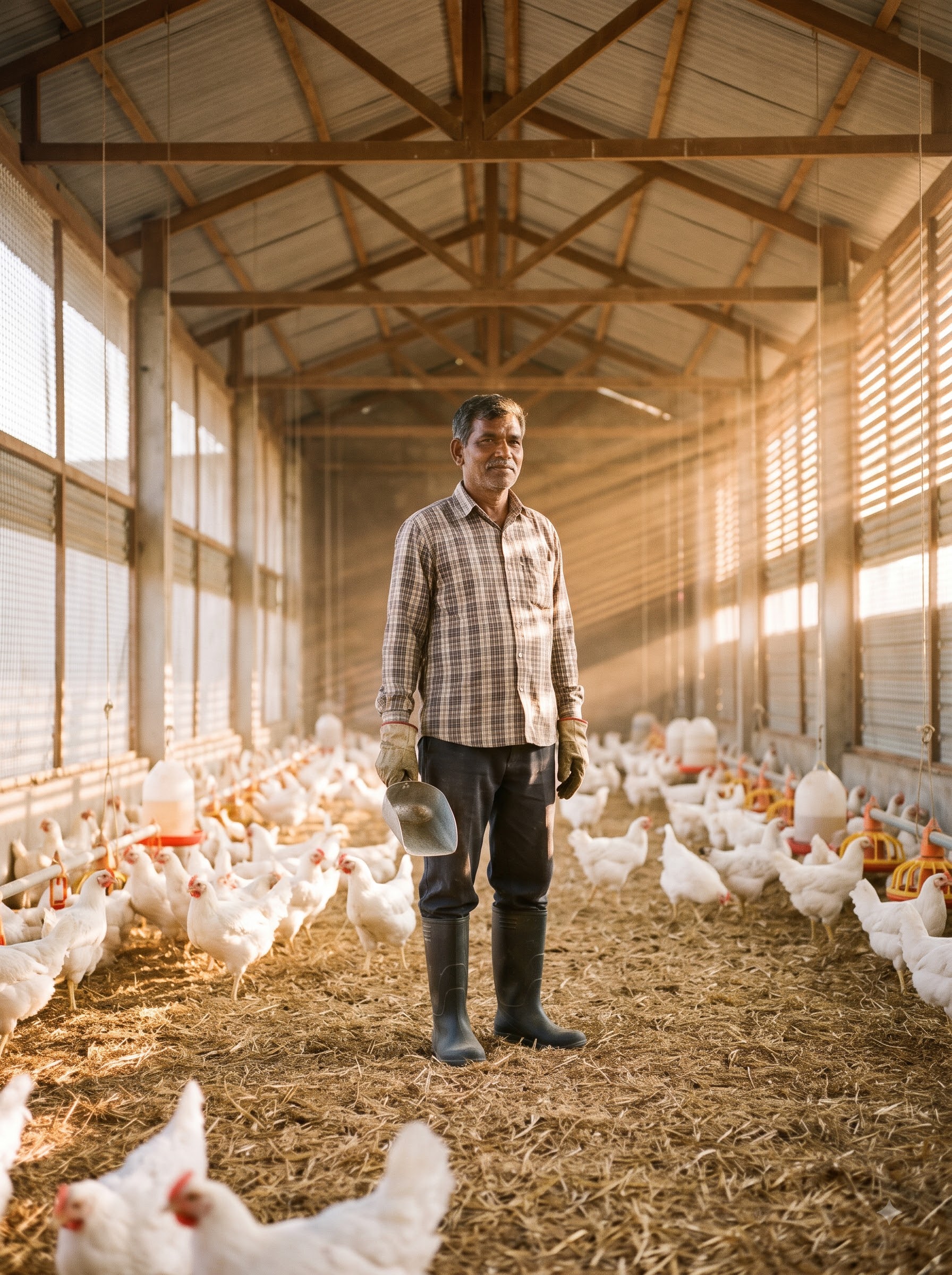 Poultry farmer in a clean shed