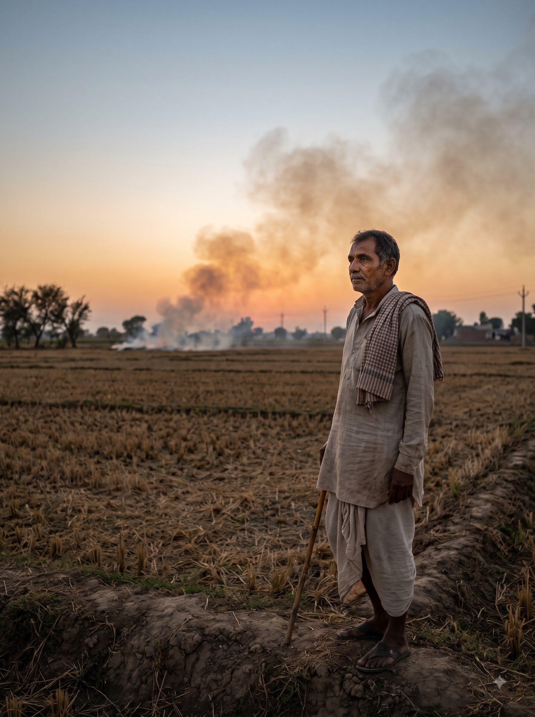 Farmer watching smoke from burning crop residue