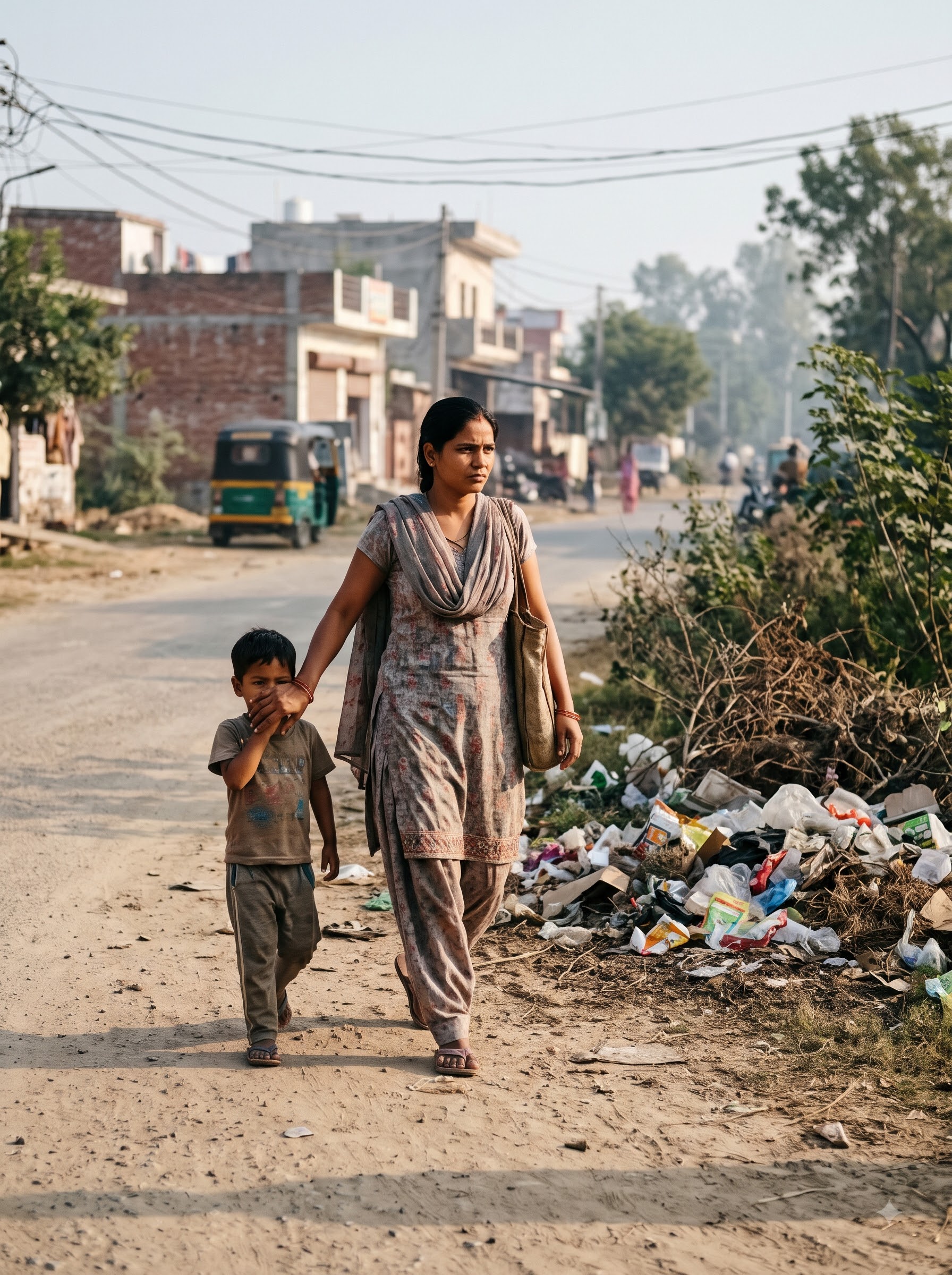 A mother shielding her child from smoke