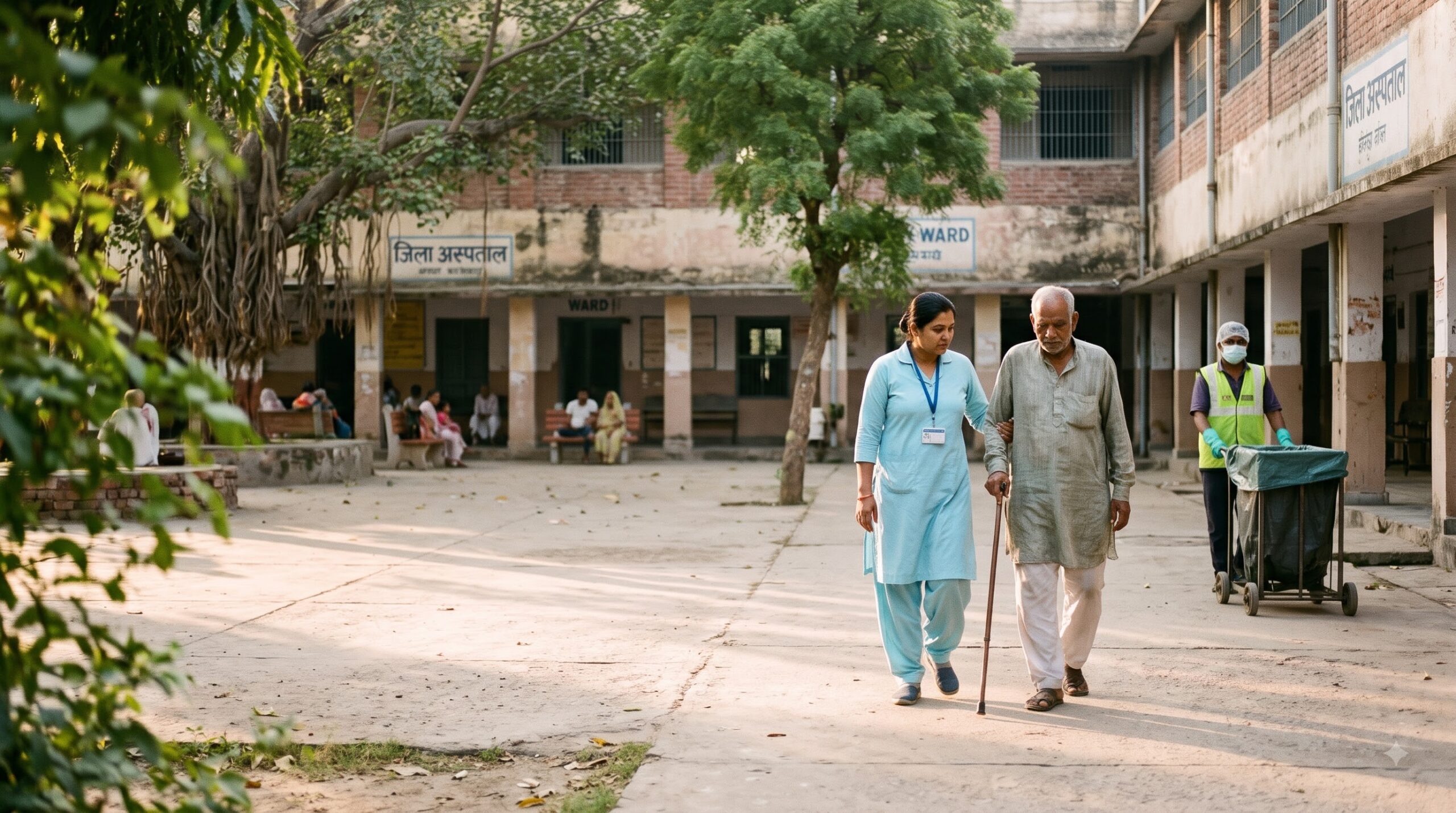 Nurse walking with an elderly patient in a hospital courtyard