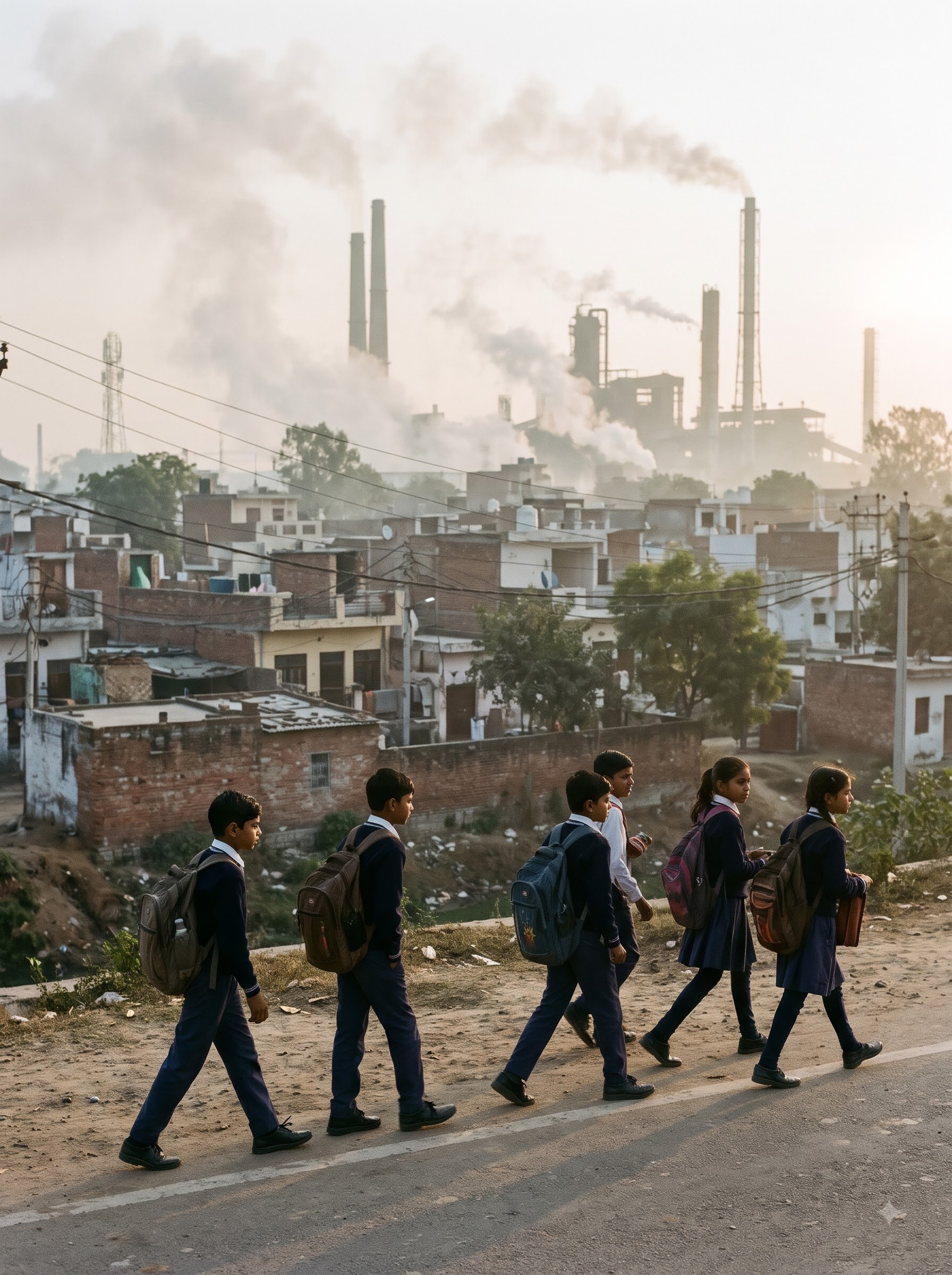 Schoolchildren walking near a smoking chimney