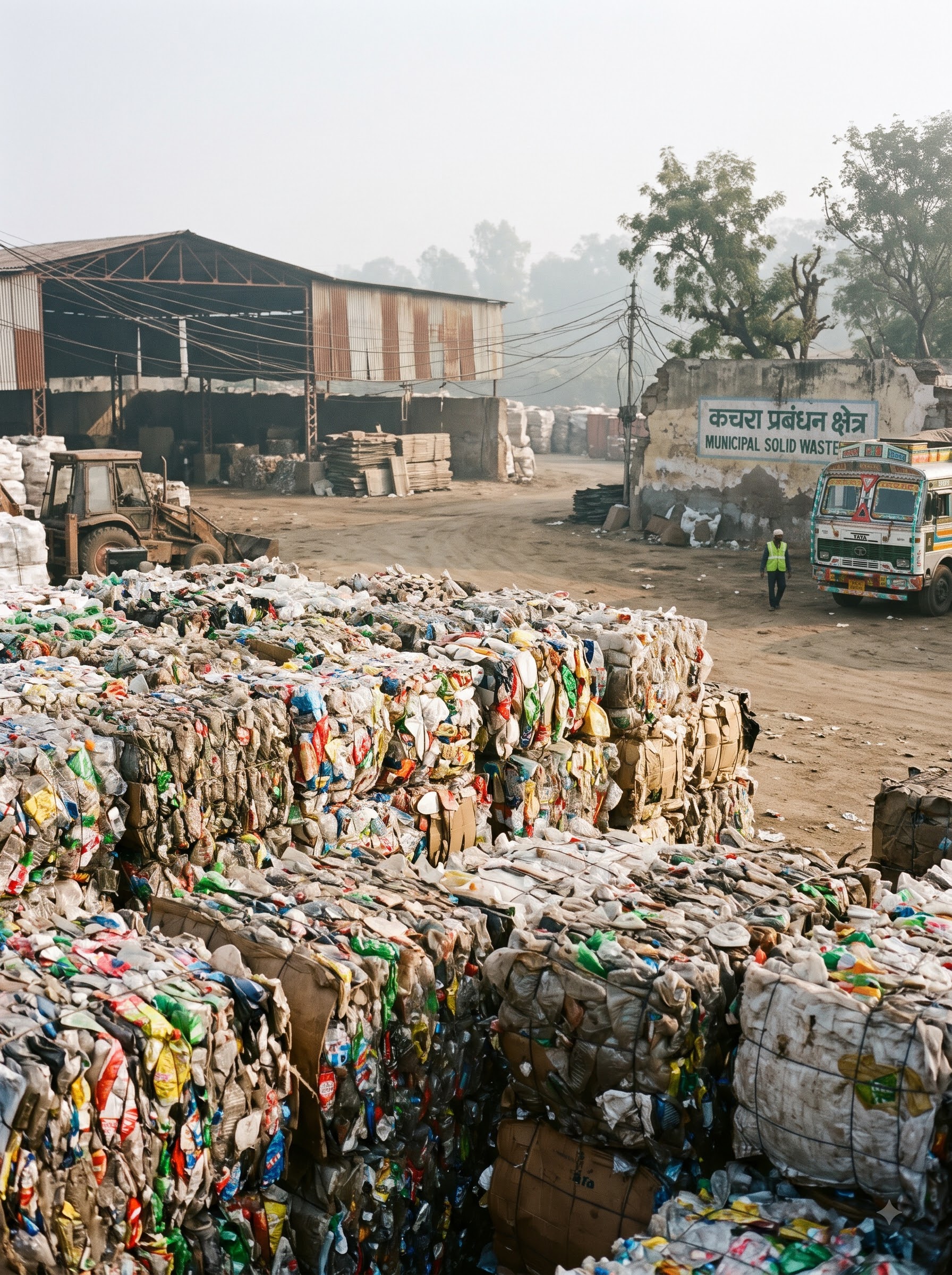 Bales of plastic waste awaiting processing