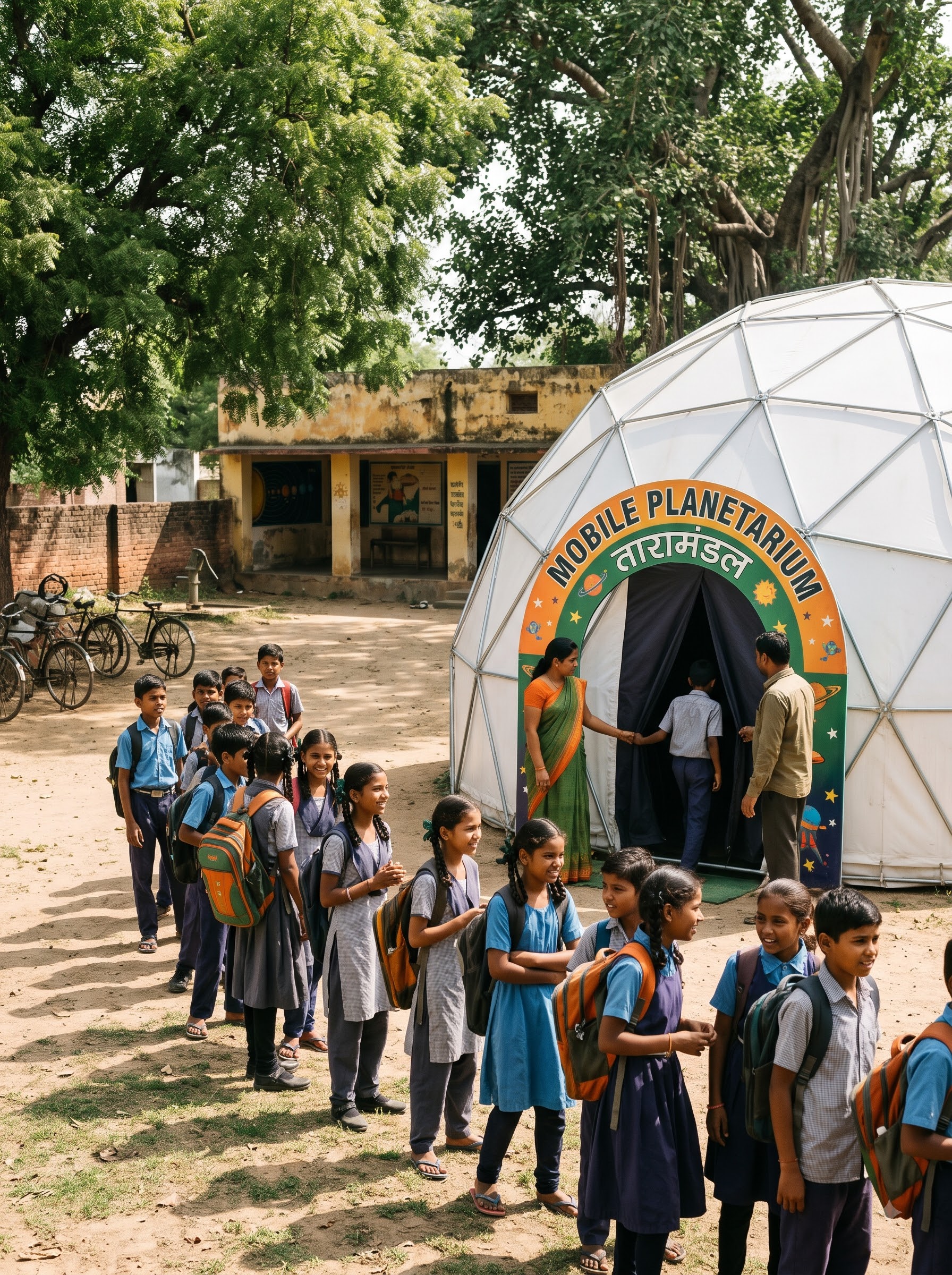 Students queuing outside the planetarium dome