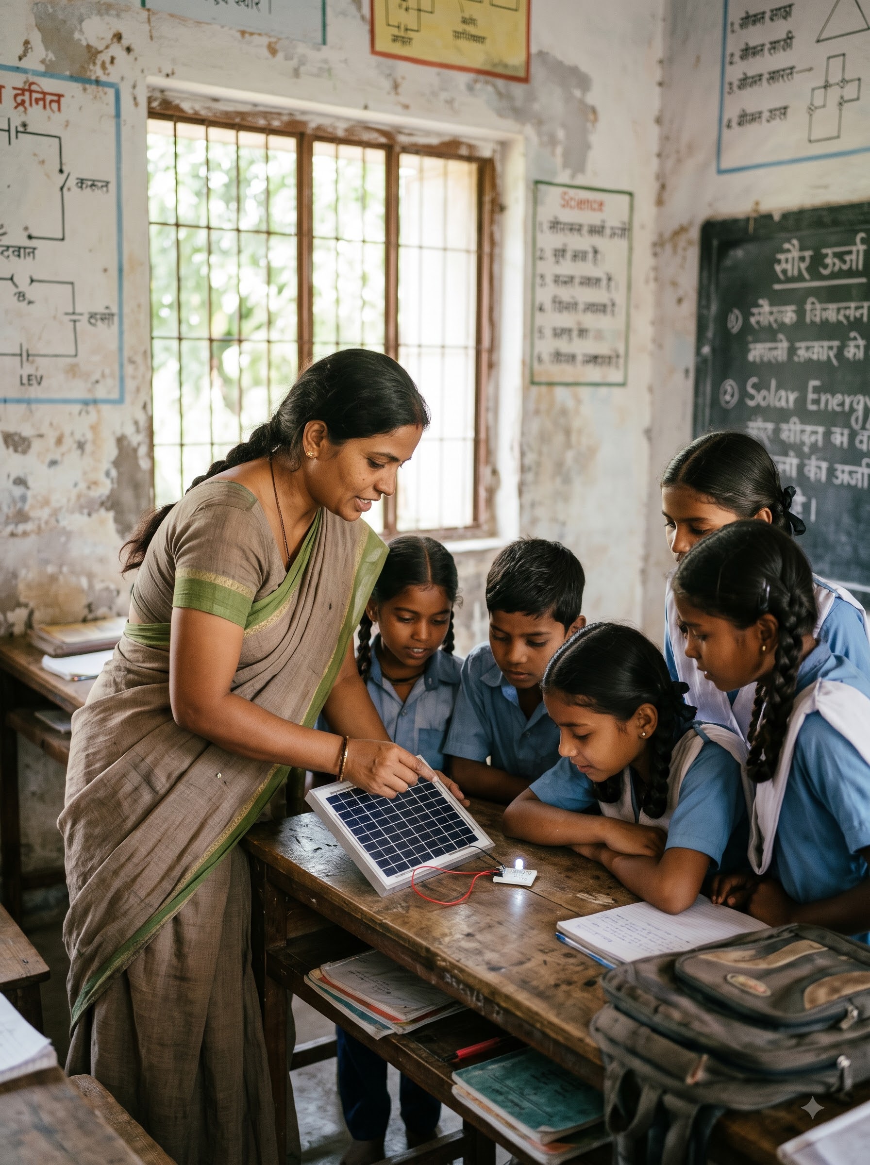 Teacher demonstrating a solar panel and LED to students