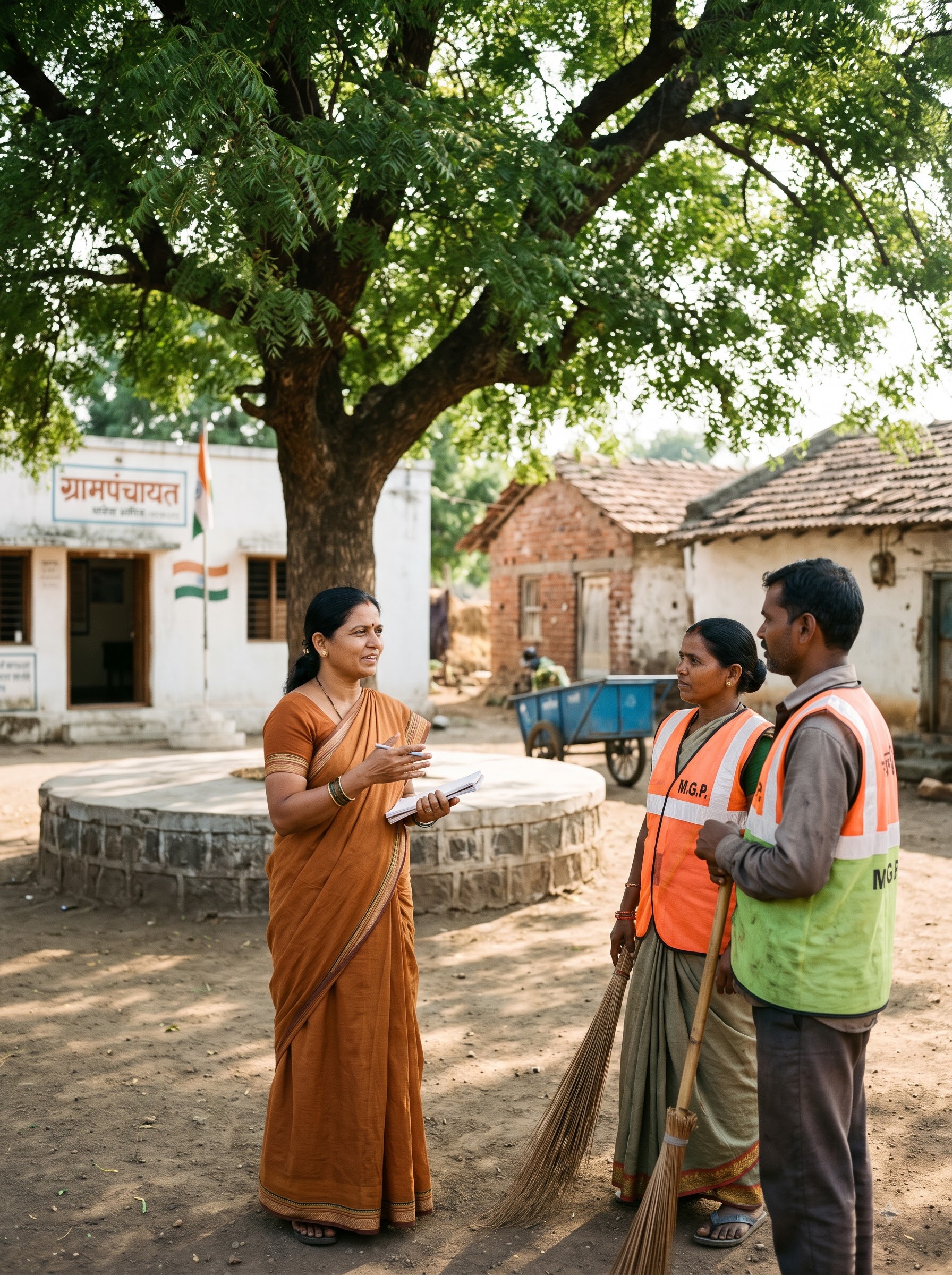 Woman sarpanch talking with sanitation workers
