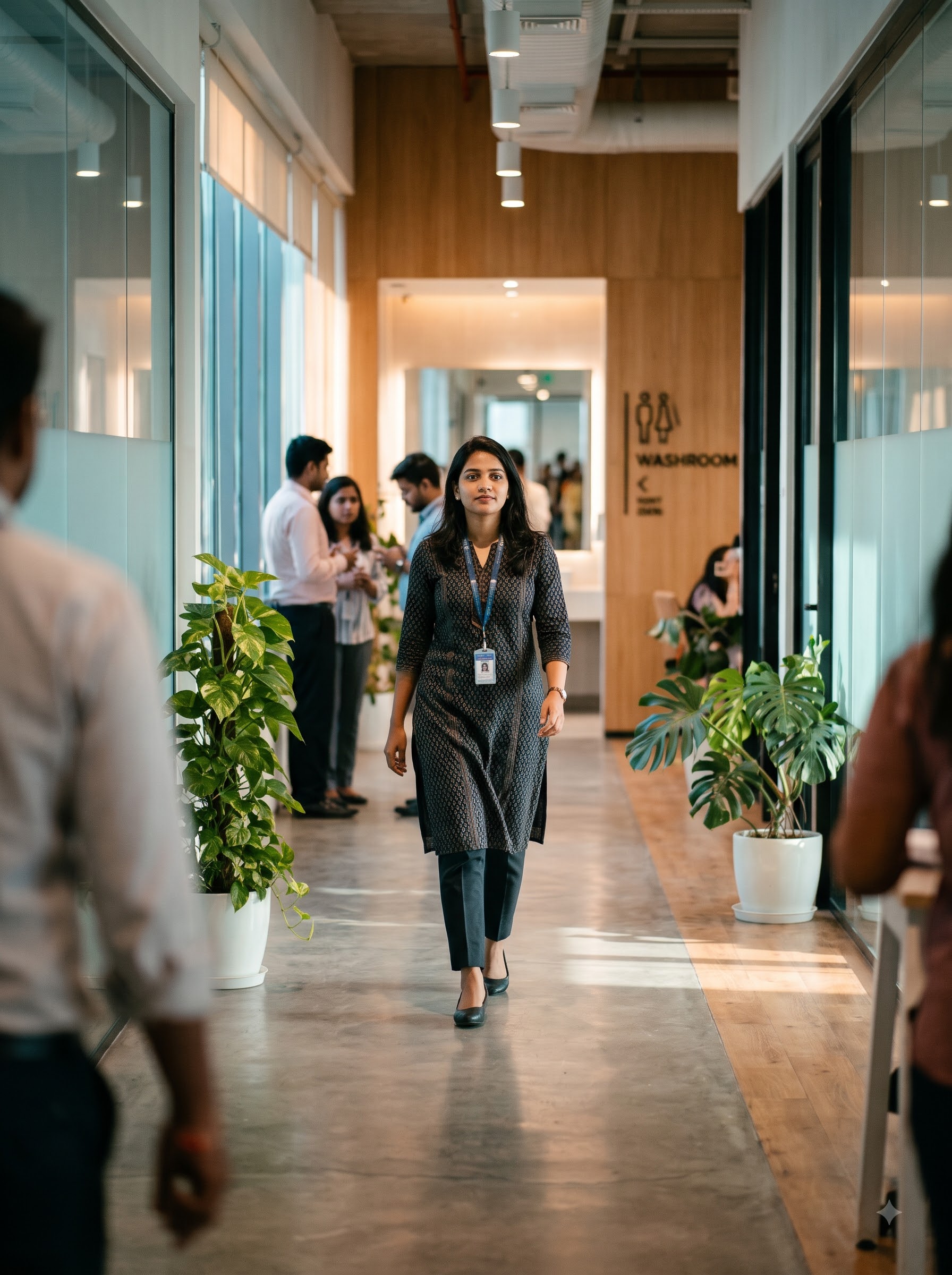 A woman walking in an office corridor