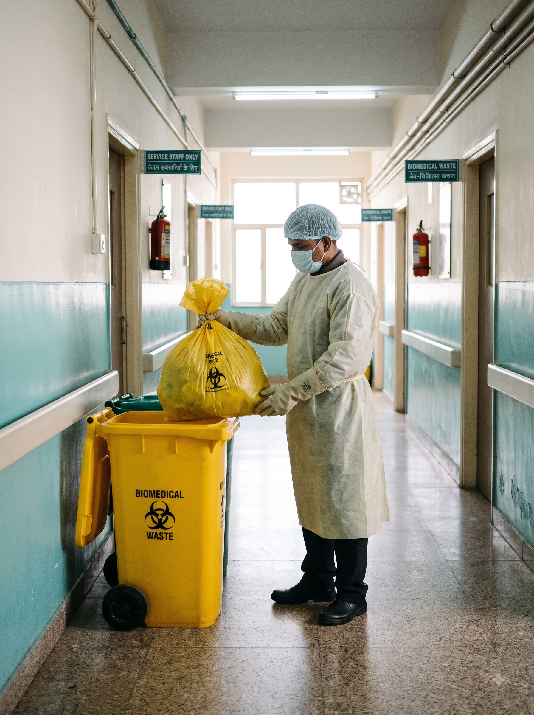A worker safely loading biomedical waste bags for incineration